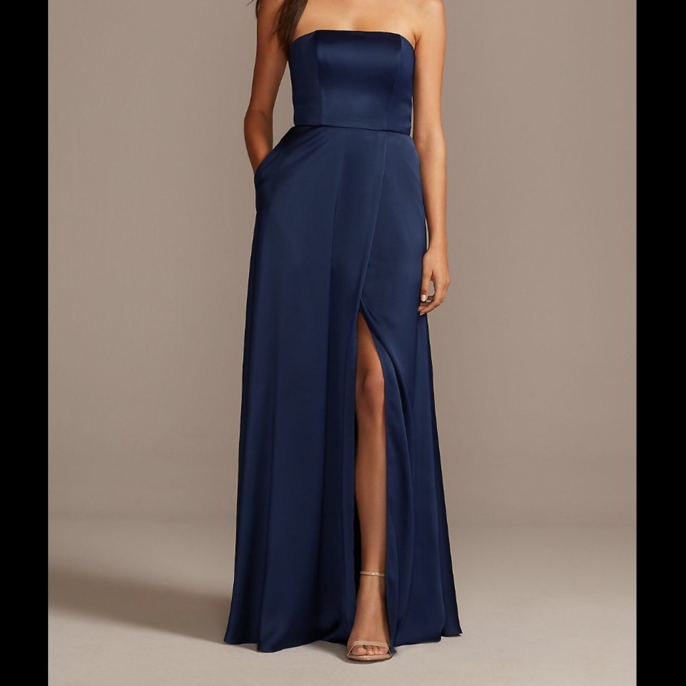 Navy Blue Satin Strapless Bridesmaid dress